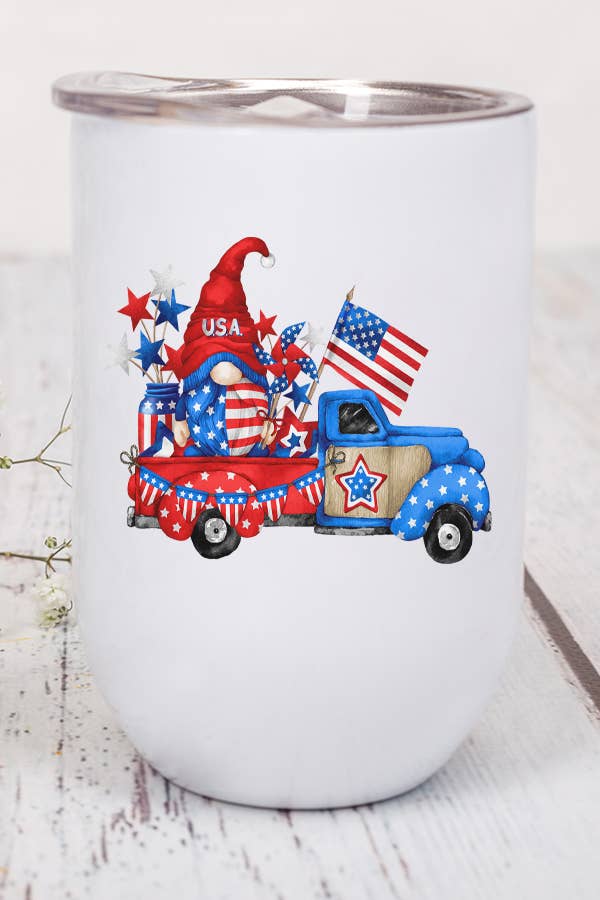 Patriotic America USA Gnome Red Blue Truck Wine Cup Tumbler
