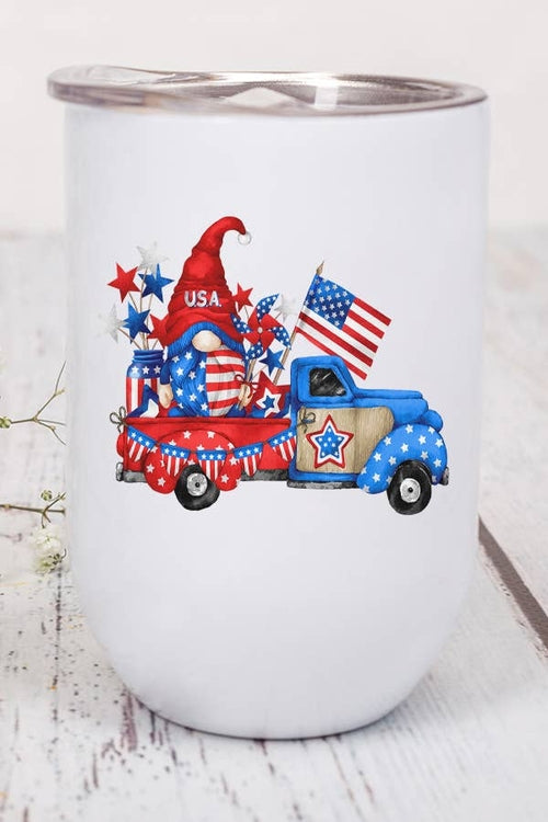 Patriotic America USA Gnome Red Blue Truck Wine Cup Tumbler