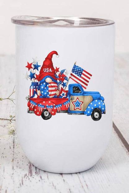 Patriotic America USA Gnome Red Blue Truck Wine Cup Tumbler