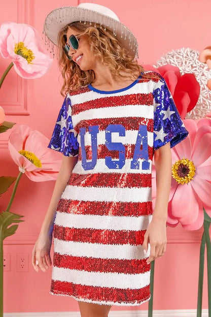 American Flag Sequin Dress - Patriotic USA Print Party Dress for Women