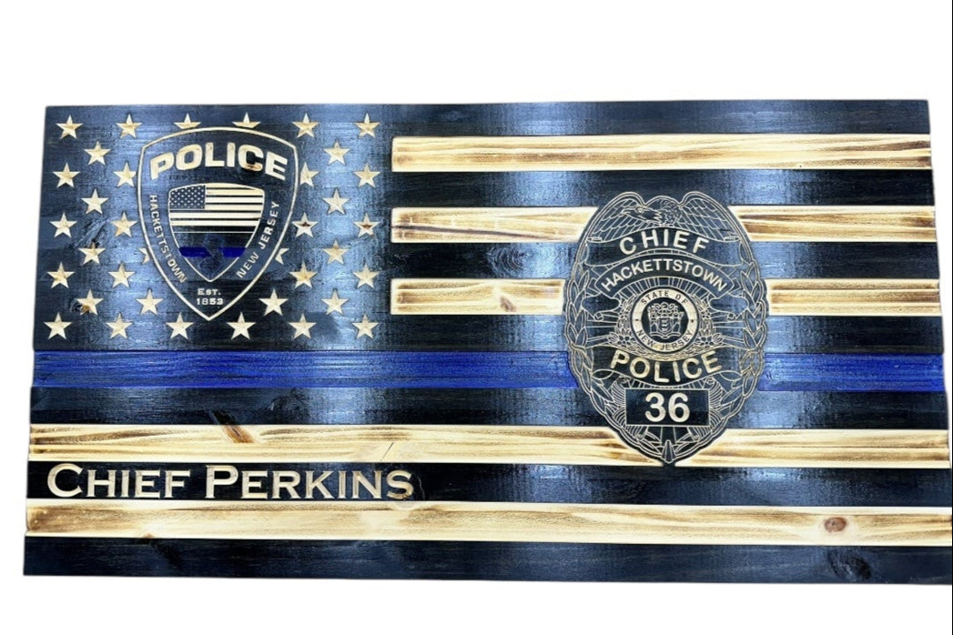 Custom Thin Blue Line Flag with Engraved Badges and Personalized Details