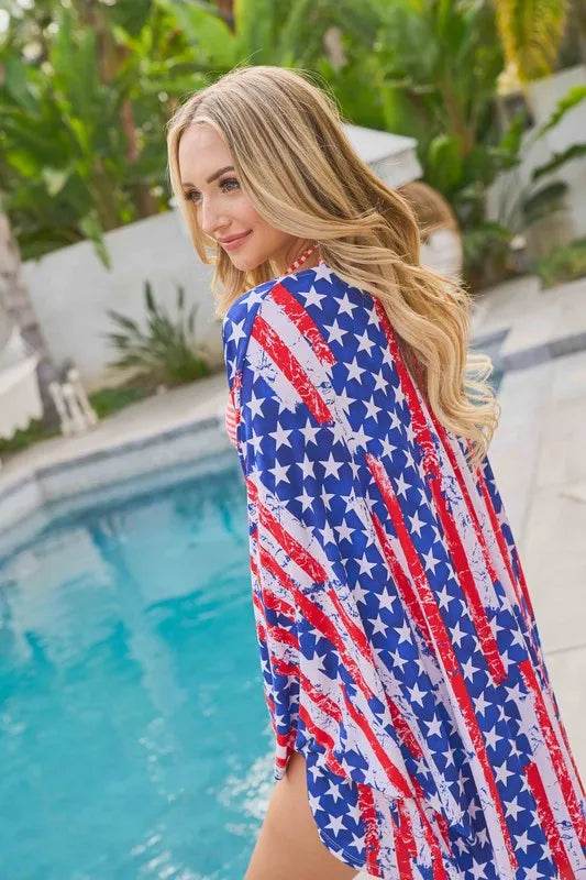 American Flag Kimono Cardigan - Patriotic Dolman Sleeve Duster