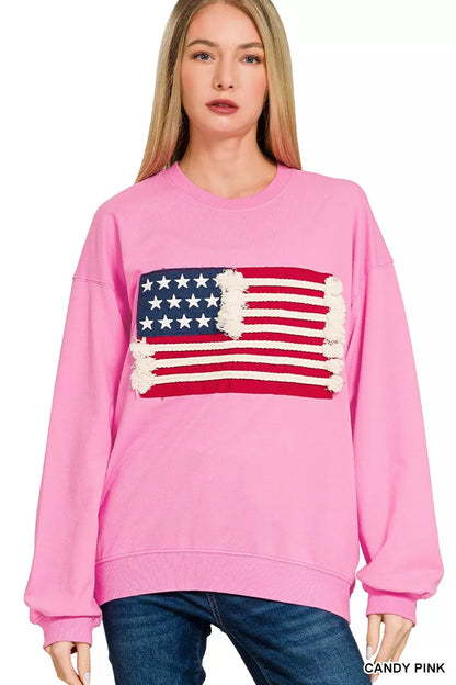 Zenana French Terry American Flag Pullover