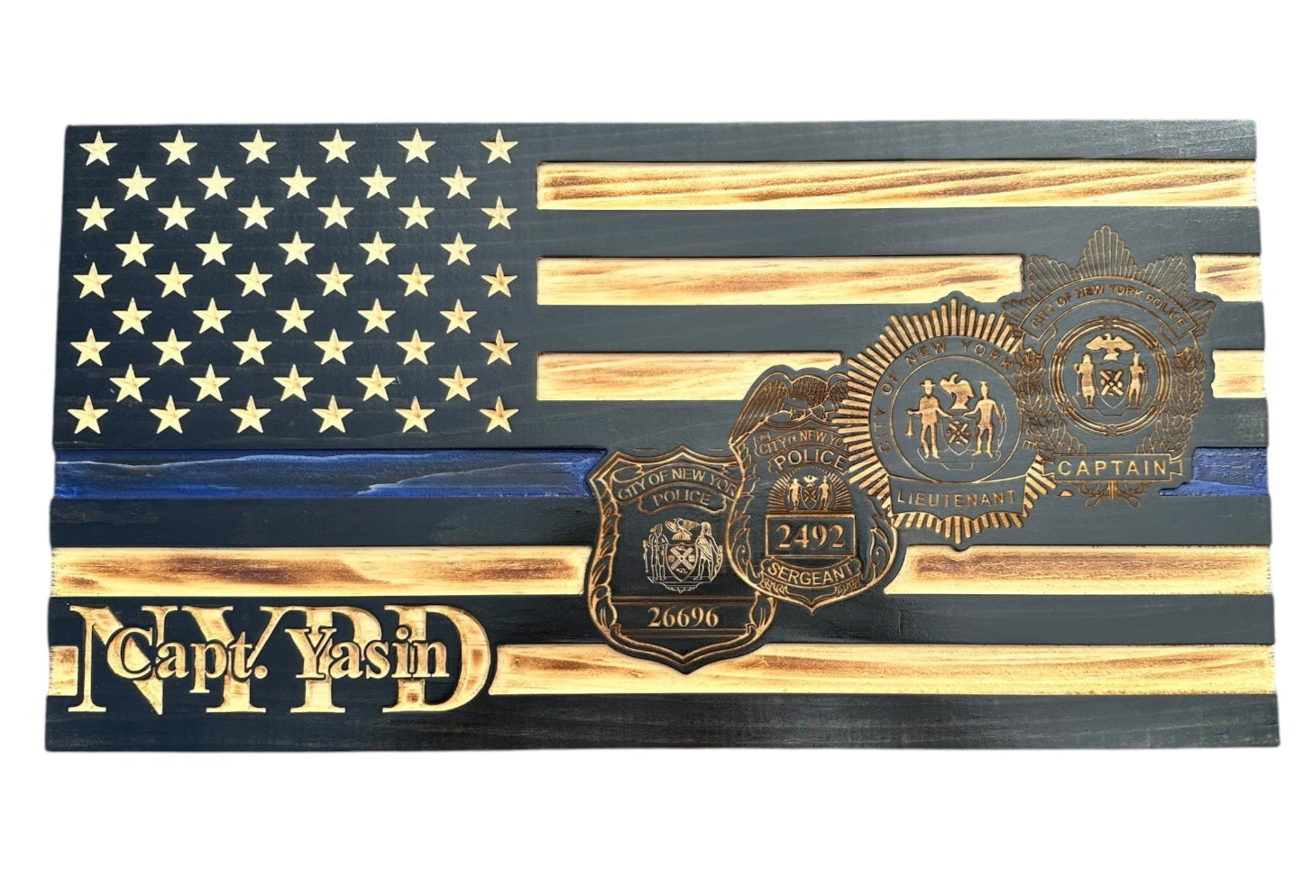 Custom Thin Blue Line Flag with Engraved Badges and Personalized Details