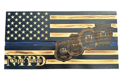 Custom Thin Blue Line Flag with Engraved Badges and Personalized Details