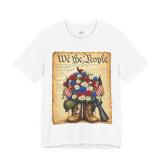 America 250 Flag Bouquet Tee — We the People Military Boots Memorial Shirt