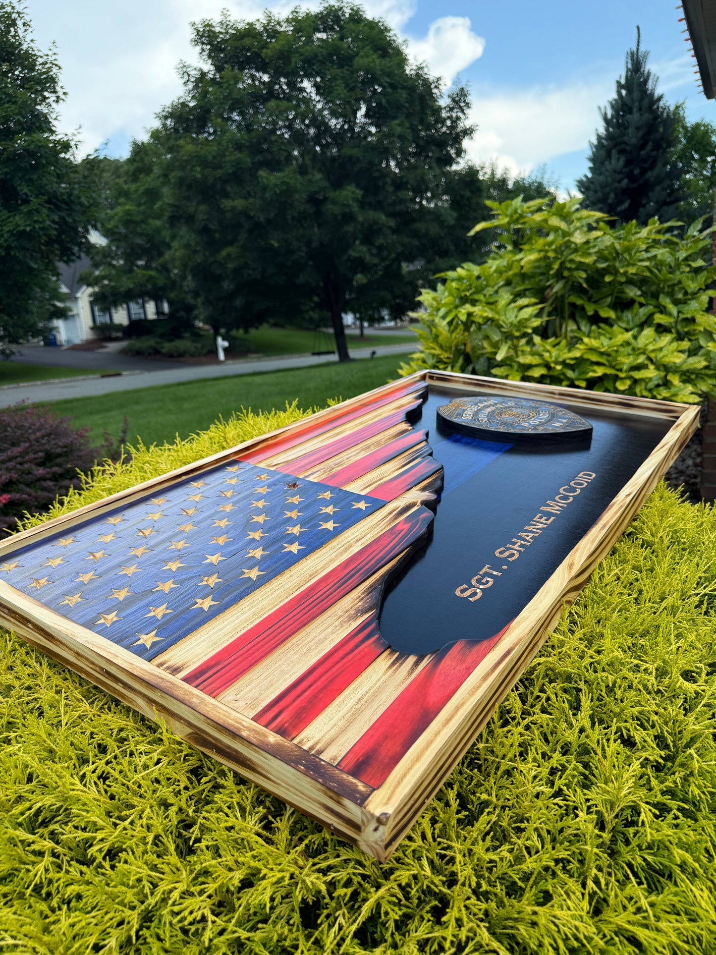 Custom Thin Line American Flag with Badge | 3D Carved First Responder Wall Art