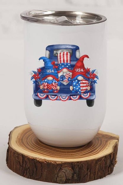 Patriotic America USA Gnome Blue Truck Wine Cup Tumbler