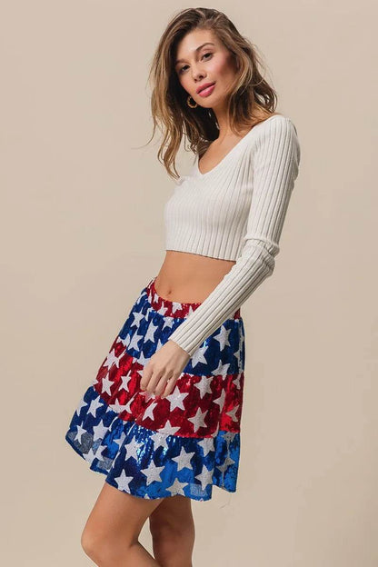 American Flag Star Sequin Skirt - Patriotic Tiered Skirt for Women