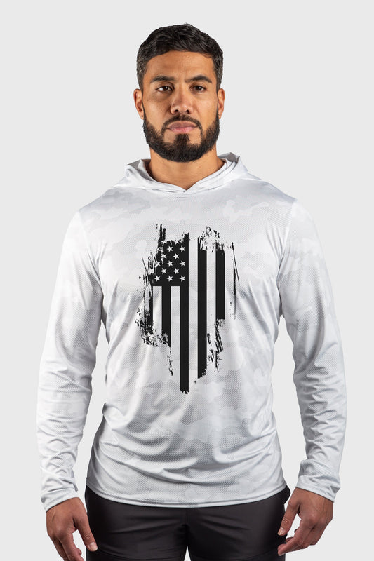 Distressed Flag Performance Mesh White Out Sun Hoodie