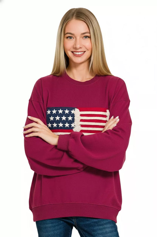 Zenana French Terry American Flag Pullover