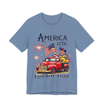Patriotic Red Truck T‑Shirt — "America 1776 Land That I Love" Fourth of July Tee