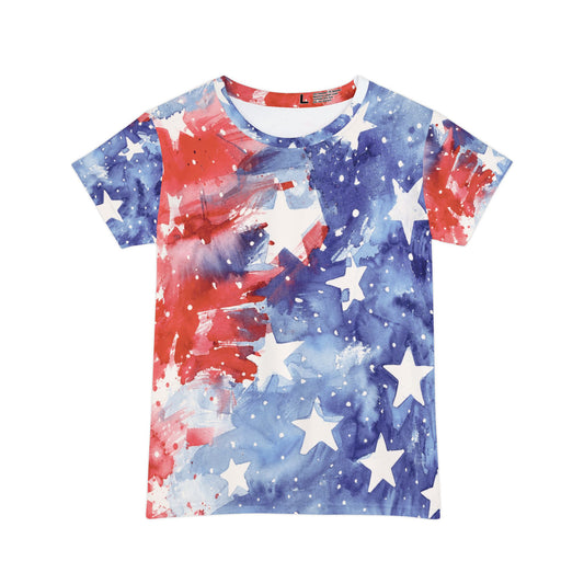 Women's All-Over Print Tee — Patriotic Watercolor Stars & Stripes Shirt