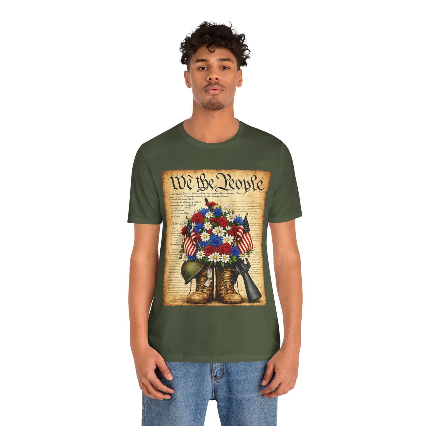 America 250 Flag Bouquet Tee — We the People Military Boots Memorial Shirt
