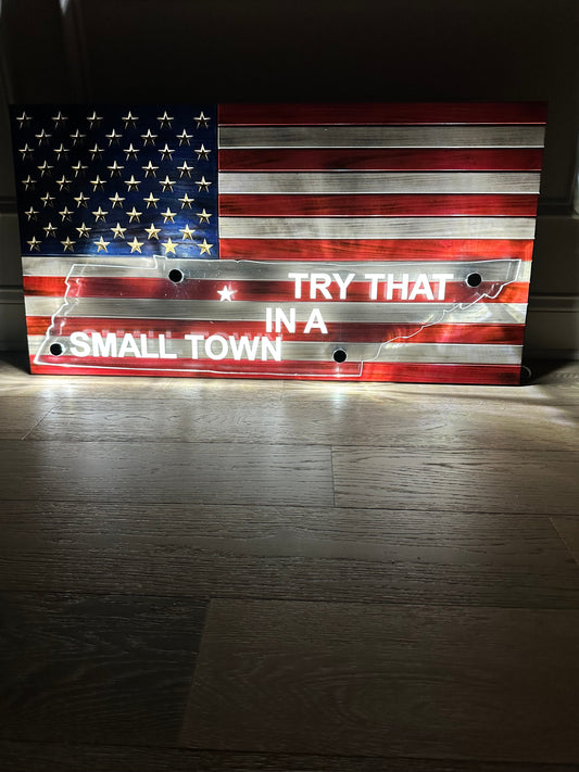Custom Wooden American Flag with Acrylic State Cutout and LED Lighting