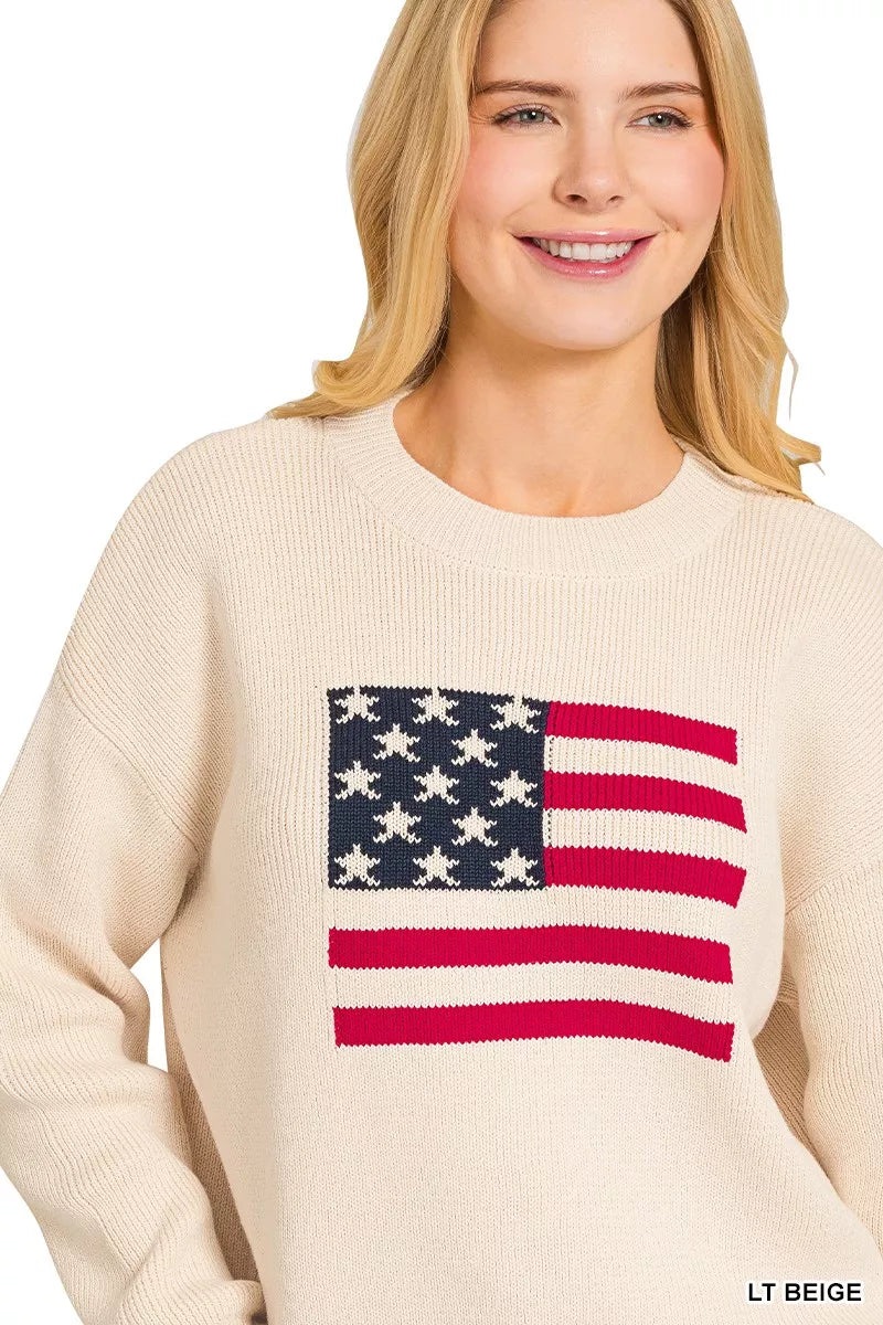 Zenana American Flag Crew Neck Sweater