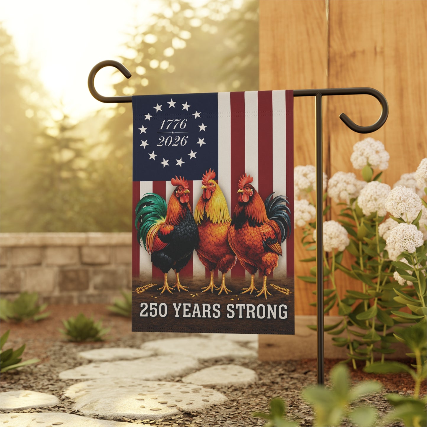 Patriotic Rooster Garden Flag – "250 Years Strong" 1776–2026 USA Banner