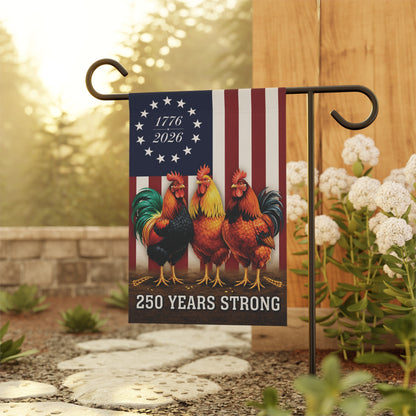 Patriotic Rooster Garden Flag – "250 Years Strong" 1776–2026 USA Banner