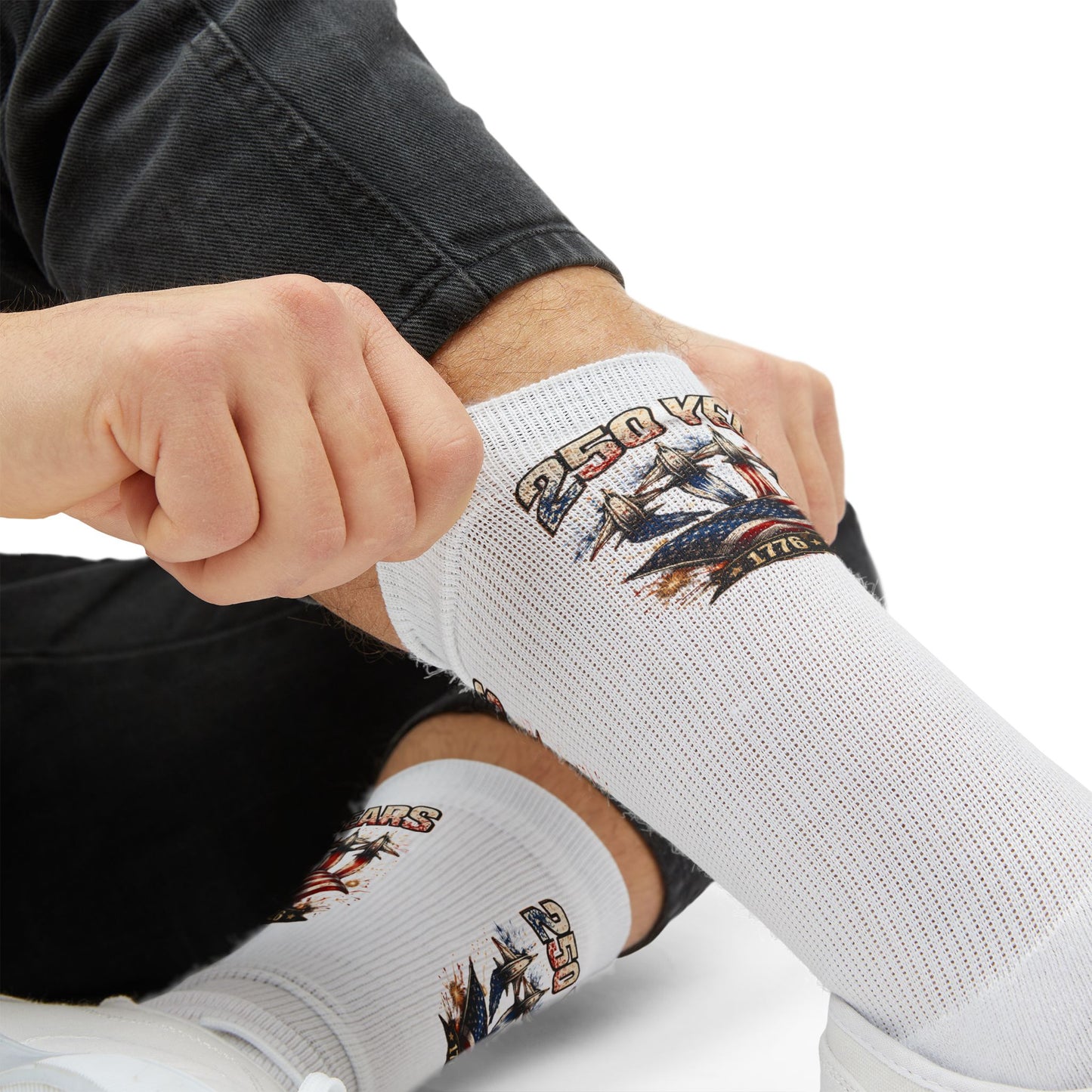 250 Years America Flag Crew Socks – Patriotic All-Over Sublimation Print