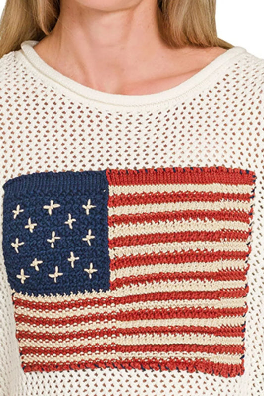 Zenana American Flag Crew Neck Sweater