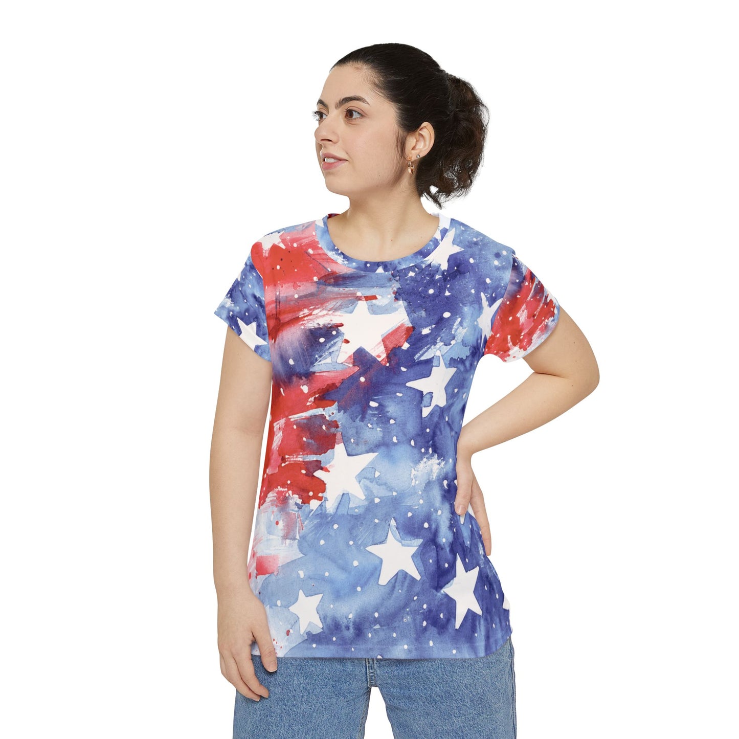 Women's All-Over Print Tee — Patriotic Watercolor Stars & Stripes Shirt