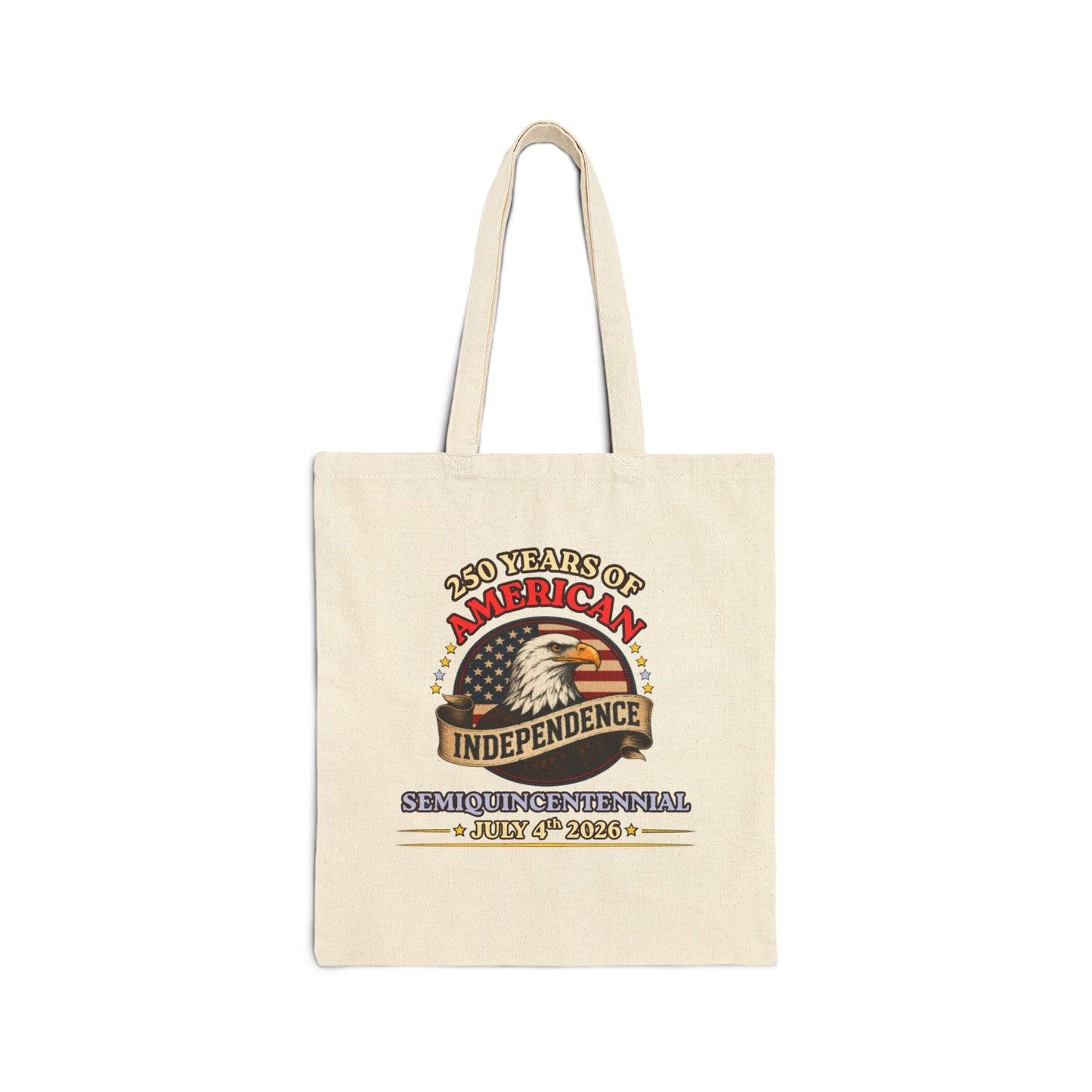 America 250 independence eagle canvas tote bag in natural cotton, vintage Americana print, 15x16