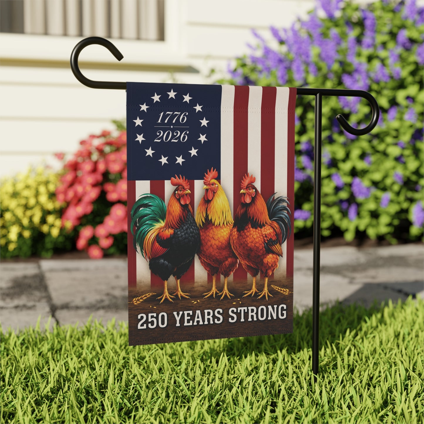 Patriotic Rooster Garden Flag – "250 Years Strong" 1776–2026 USA Banner