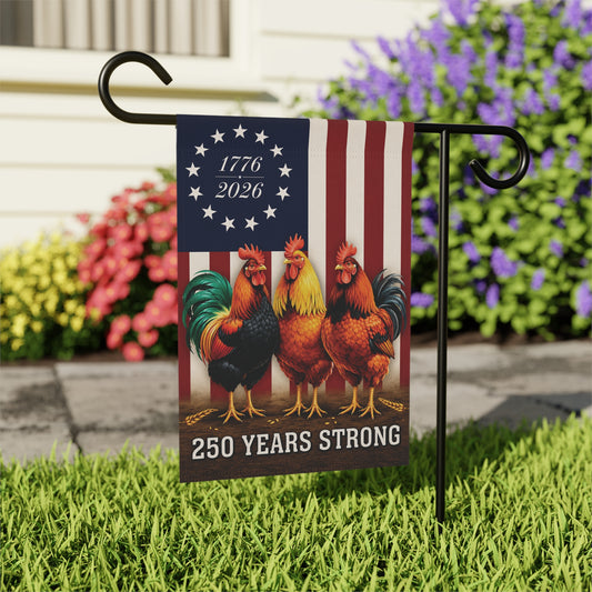 Patriotic Rooster Garden Flag – "250 Years Strong" 1776–2026 USA Banner