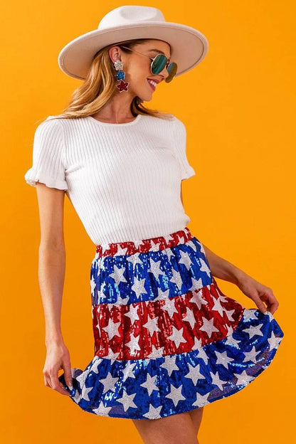 American Flag Star Sequin Skirt - Patriotic Tiered Skirt for Women