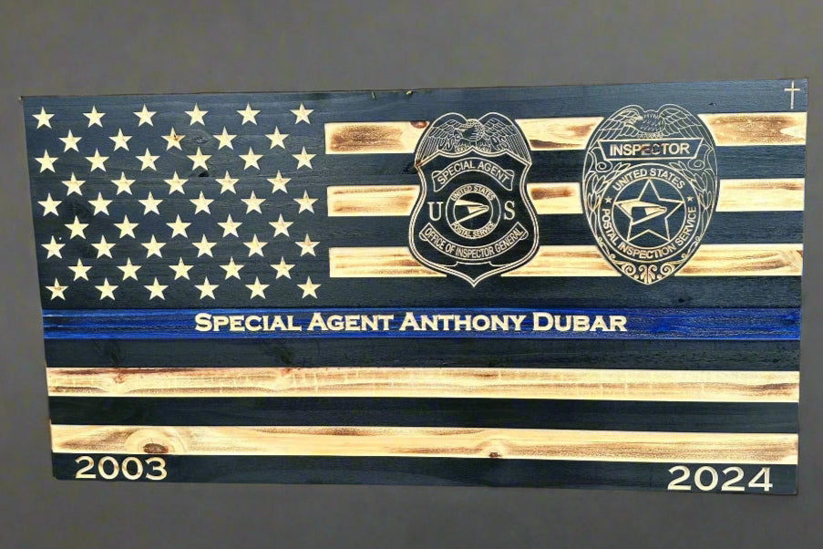 Custom Thin Blue Line Flag with Engraved Badges and Personalized Details