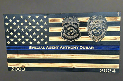 Custom Thin Blue Line Flag with Engraved Badges and Personalized Details