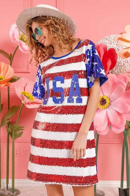 American Flag Sequin Dress - Patriotic USA Print Party Dress for Women