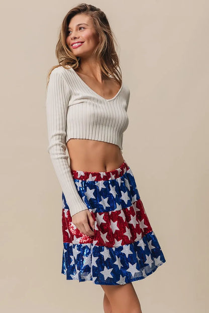 American Flag Star Sequin Skirt - Patriotic Tiered Skirt for Women