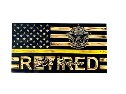 Custom Wooden Retirement American Flag with Personalized Engraving and Badges