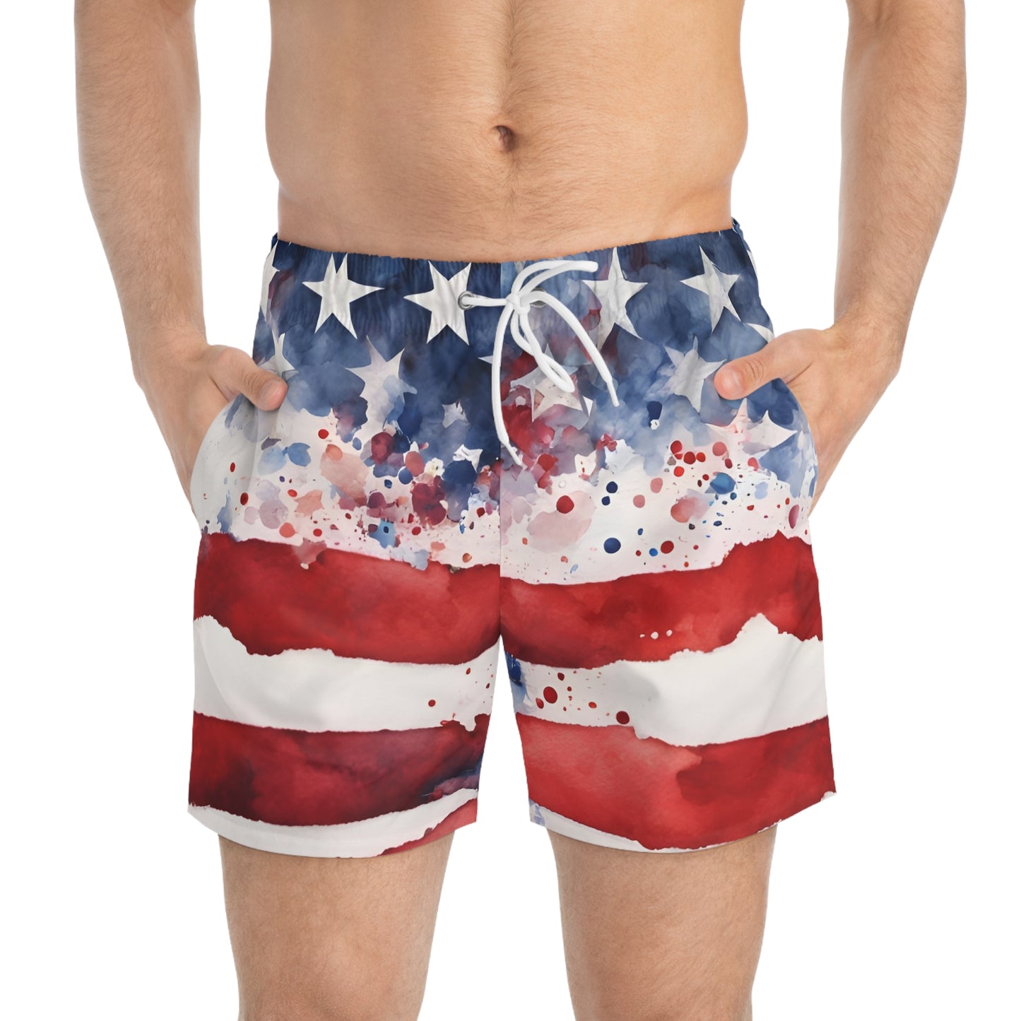American Flag Watercolor Swim Trunks — Patriotic USA Beach Shorts