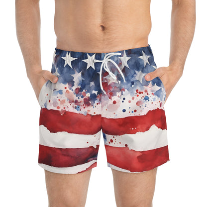 American Flag Watercolor Swim Trunks — Patriotic USA Beach Shorts