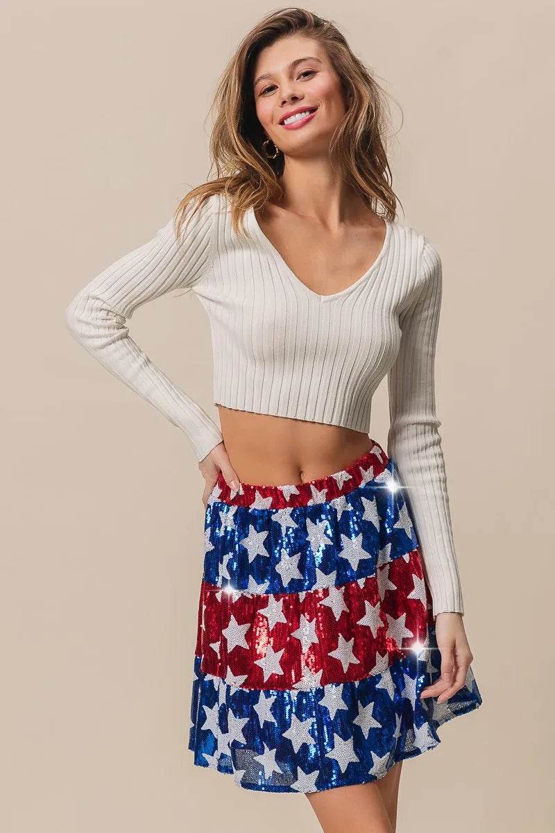 American Flag Star Sequin Skirt - Patriotic Tiered Skirt for Women