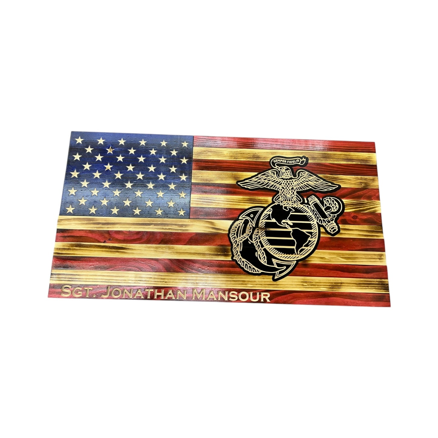 Wooden American Flag with Marine Corps Logo and Personalization