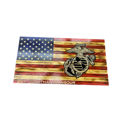 Wooden American Flag with Marine Corps Logo and Personalization