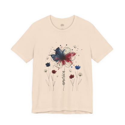 America  watercolor floral tee in soft cream, painterly bloom print, women's S–3XL