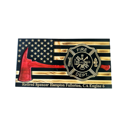 Wooden Thin Red Line American Flag with Firefighter Axe and Custom Badge