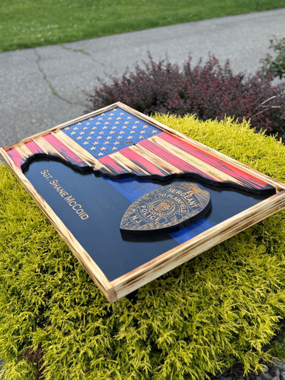 Custom Thin Line American Flag with Badge | 3D Carved First Responder Wall Art