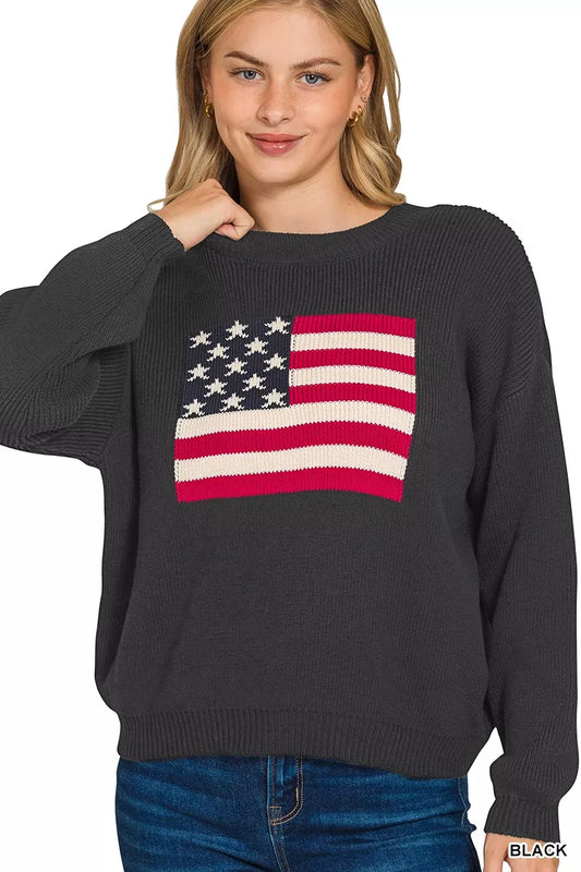Zenana American Flag Crew Neck Sweater