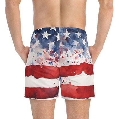 American Flag Watercolor Swim Trunks — Patriotic USA Beach Shorts