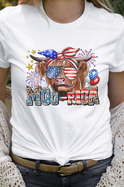 Moo-Rica Cow Fireworks Flag Patriotic Graphic Tee T-Shirt
