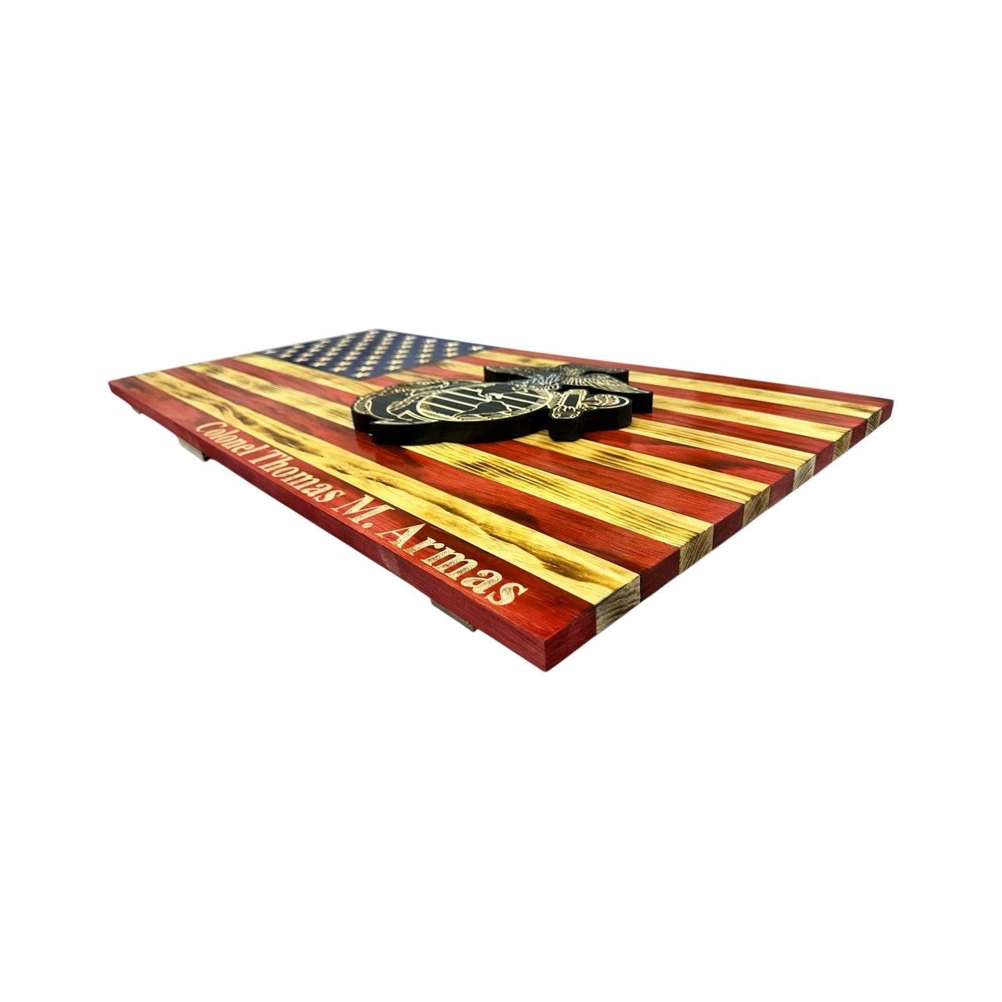 Wooden American Flag with Marine Corps Logo and Personalization