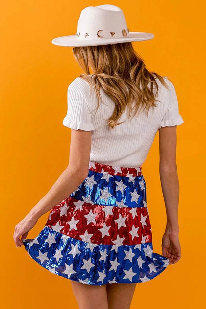 American Flag Star Sequin Skirt - Patriotic Tiered Skirt for Women