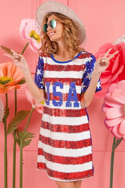 American Flag Sequin Dress - Patriotic USA Print Party Dress for Women