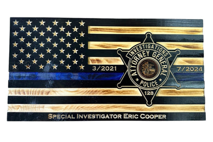 Custom Thin Blue Line Flag with Engraved Badges and Personalized Details