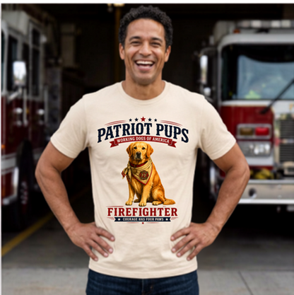 Man wearing a 'Patriot Pups' t-shirt with a dog graphic in front of fire trucks.